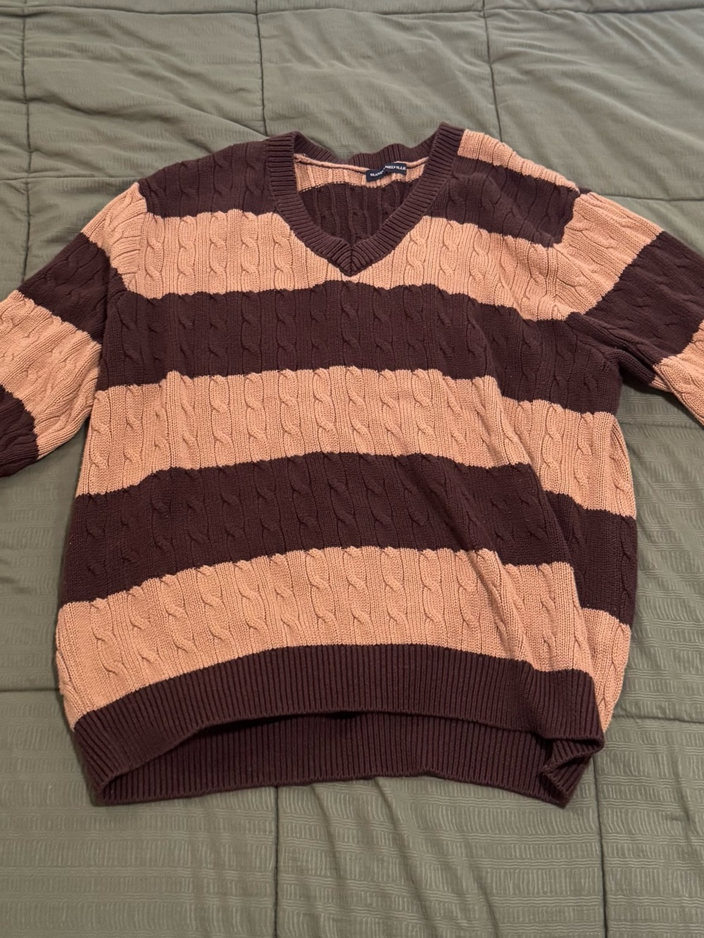 Brandy Melville Brown Striped V‑Neck Cable Knit Sweater